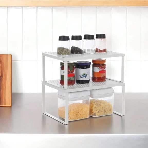 LEDREM Metal Cabinet Shelf Organizers, Set of 2 Stackable & Expandable Shelf Risers, Heavy-Duty Countertop Storage for Kitchen, Cupboard, White