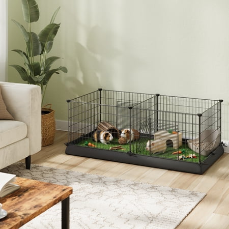 LEDREM Metal Grid Guinea Pig Cage with Waterproof Washable Liner, 2-Space Small Animal Playpen for Rabbits, Ferrets, Hedgehogs, 48.4 x 24.8 x 18.1 Inches, Black