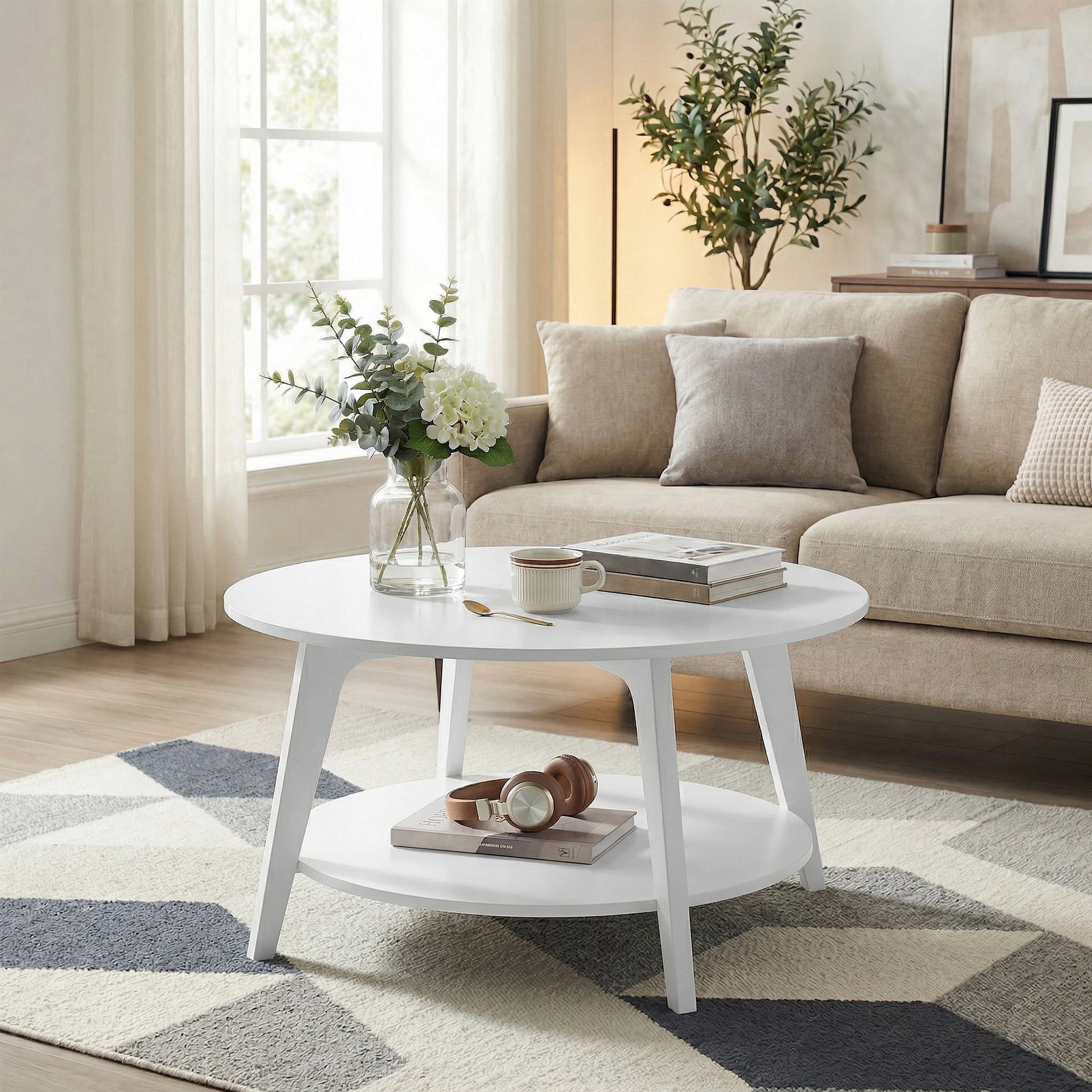 Small Low Rising Coffee Table LEDREM Mid-Century Round Coffee Table, 2 Tiers Design, 66lb Capacity ...