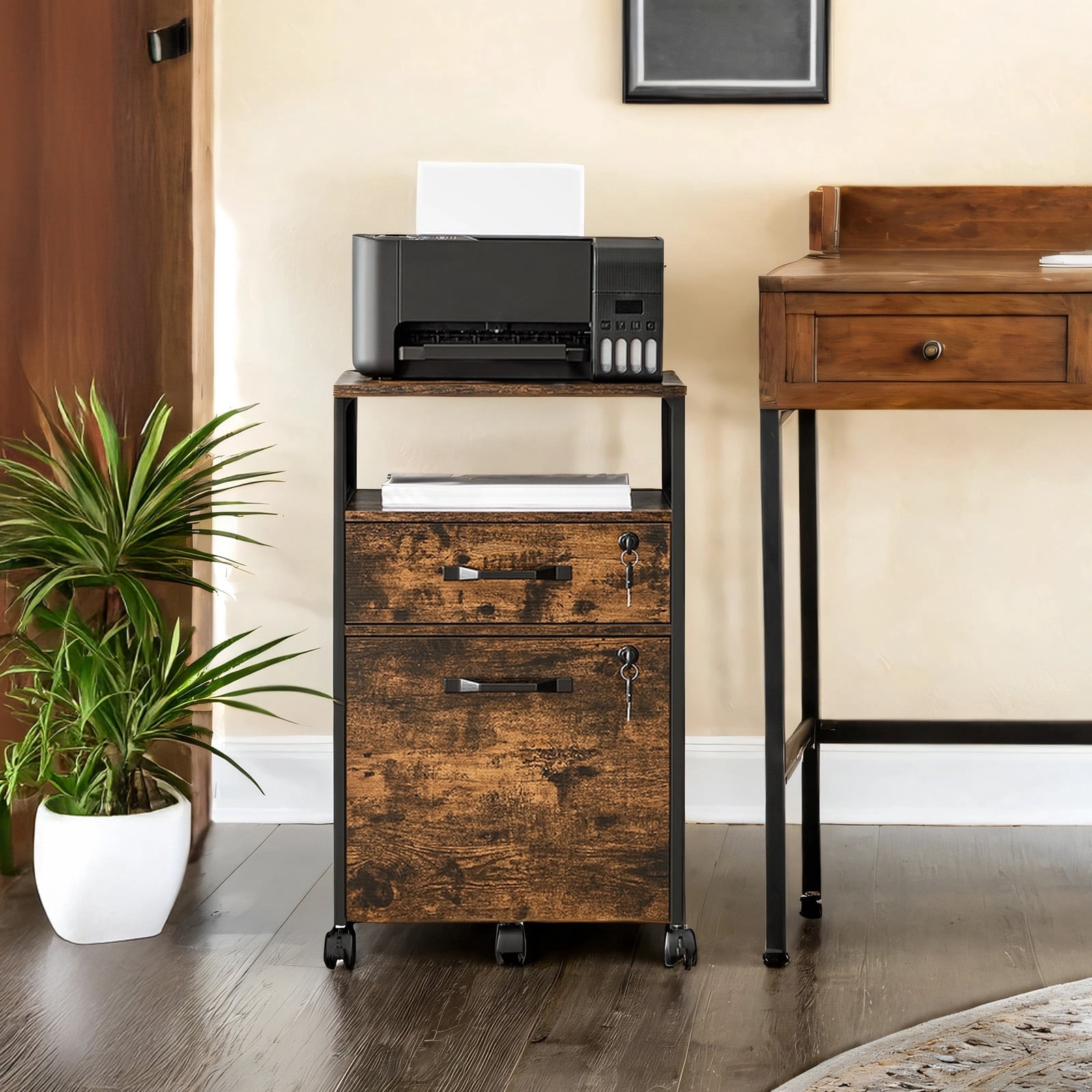 LEDREM Mobile 2-Drawer File Cabinet with Lock & Wheels, Steel Frame Office Storage for A4/Letter Files, Includes Open Shelf & Locking Casters, Rustic Brown and Black