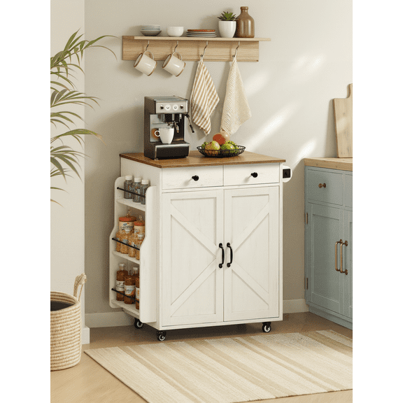 LEDREM Mobile Kitchen Island, Portable Cart with Spice Rack, Storage Cabinet, 5-Level Adjustable Shelf, for Dining Room, Rustic White and Honey Brown