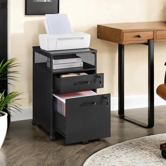 LEDREM Mobile Office File Cabinet with Wheels, 2-Tier Lockable Drawers & Open Shelf, Steel Frame Storage for A4/Letter Files, Easy Roll & Lock Design, Ink Black