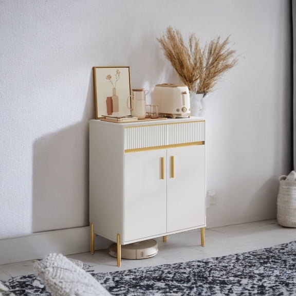 LEDREM Modern Buffet Cabinet with Fluted Drawers - 2 Drawers & Adjustable Shelf, Storage Sideboard with Cable Management, Cloud White