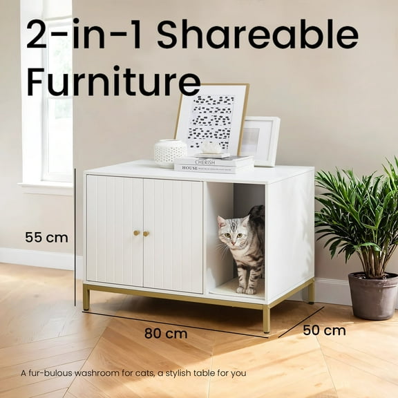 LEDREM Modern Cat Litter Box Enclosure - Hidden Litter Box Furniture with Scratching Mat, Side Table, White and Gold