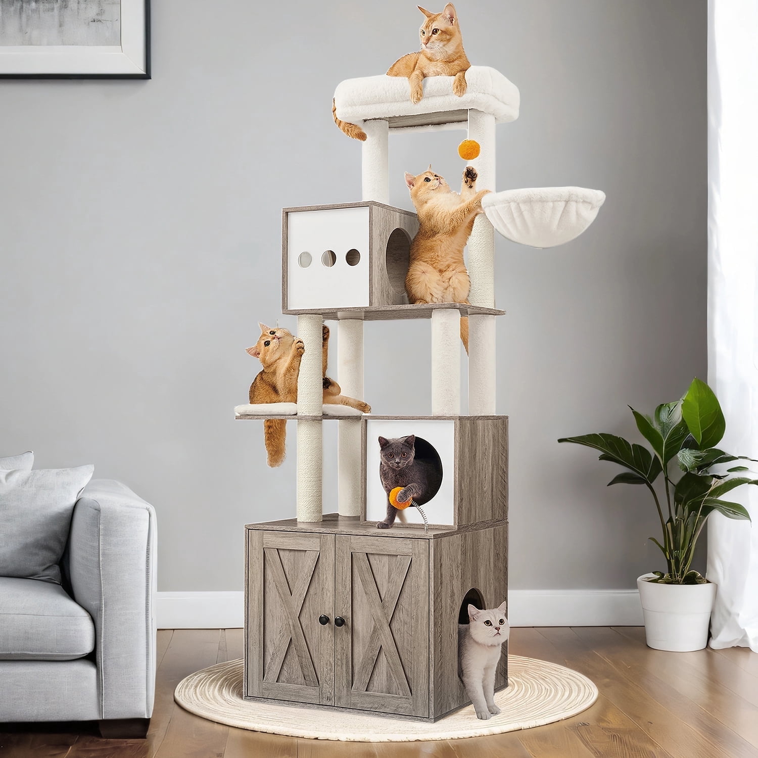 LEDREM Modern Cat Tree with Litter Box - 70.8" 2-in-1 Cat Tower, Scratching Posts & Washable Cushions, Space-Saving Design, Heather Greige