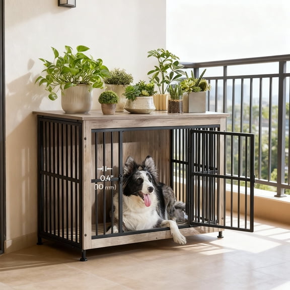 LEDREM Modern Double-Door Dog Crate Furniture for Medium Dogs up to 70 lb, Enclosed Base & Reinforced Steel Frame, 38.6-Inch Side Table Design, Greige