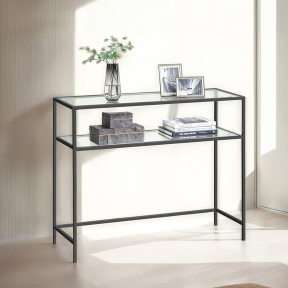 LEDREM Modern Glam Console Table with 2 Tempered Glass Shelves, Steel Frame, Adjustable Feet, for Living Room, Hallway, Entryway, Black