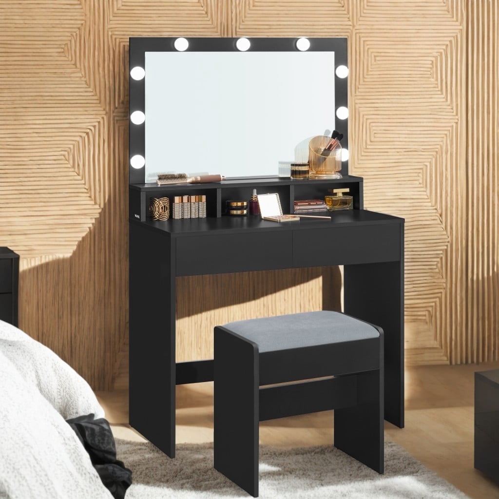LEDREM Modern Makeup Vanity Desk with 9 Dimmable LED Lights, Storage Drawers & Stool, for Bedroom & Dressing Room, Ink Black