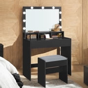 LEDREM Modern Makeup Vanity Desk with 9 Dimmable LED Lights, Storage Drawers & Stool, for Bedroom & Dressing Room, Ink Black