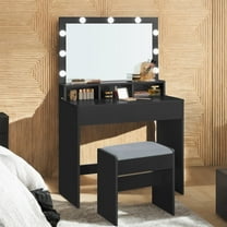 LEDREM Modern Makeup Vanity Desk with 9 Dimmable LED Lights, Storage Drawers & Stool, for Bedroom & Dressing Room, Ink Black