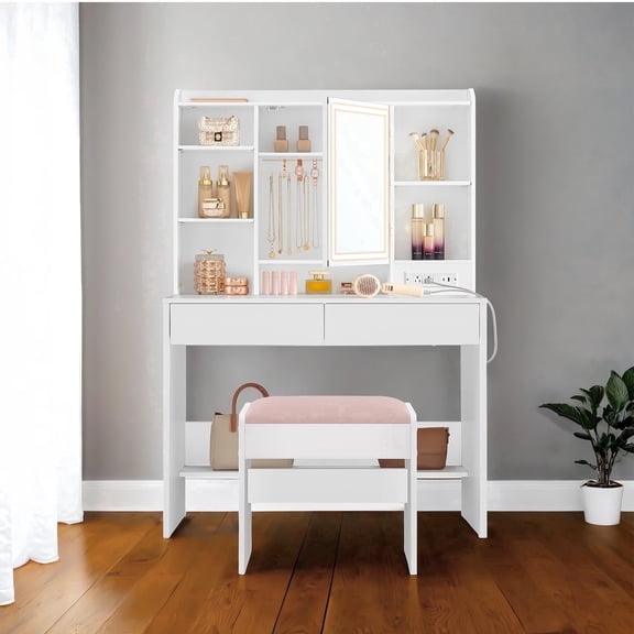 LEDREM Makeup Vanity Set with Mirror & Lights & Power Outlets , Makeup Dressing Table with Stool , 6 Compartments , for Bedroom , White
