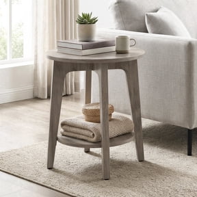 LEDREM Compact Two-Tier Round Accent Table, Tapered-Leg Side Table with Curved Accents, Holds 198lb, Quick Assembly, Space-Saving Small Sofa Table