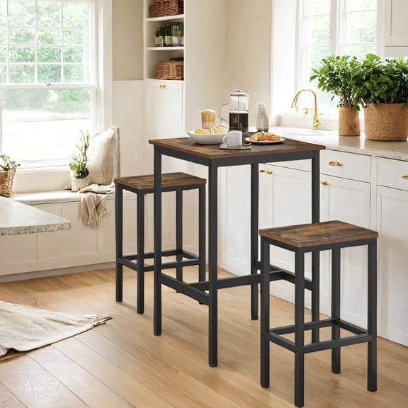 LEDREM Modern Square Bar Table Set with 2 Stools - Compact Dining Pub Set for Two, Sturdy & Stylish, Black