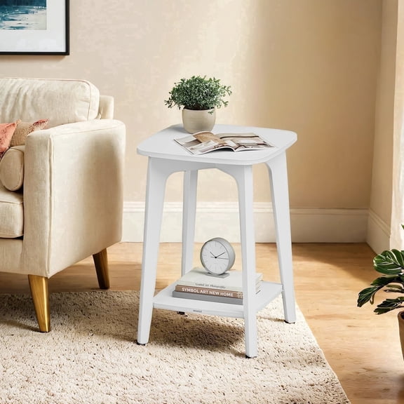 LEDREM Mid-Century 2 Tiers Accent Table, Square Side Table with Storage Shelf, 198lb Capacity, Sturdy End Table for Apartment, Dorm, Home Office, White