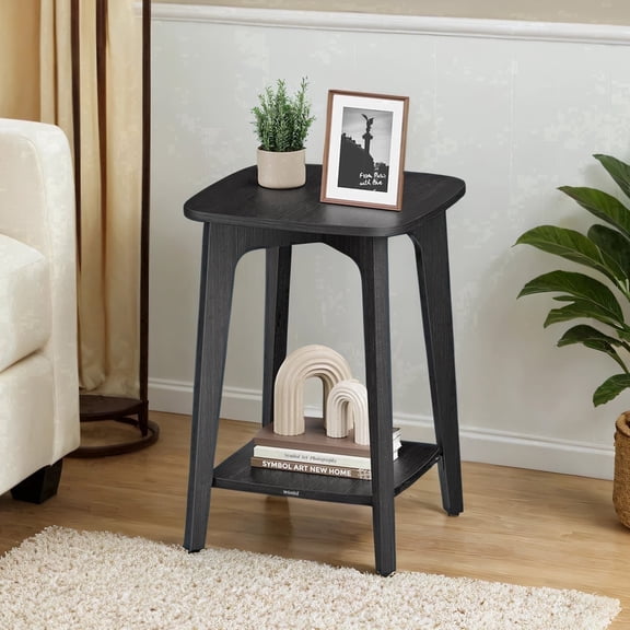 LEDREM Mid-Century 2 Tiers Accent Table, Square Side Table with Storage Shelf, 198lb Capacity, Sturdy End Table for Apartment, Dorm, Home Office,Black