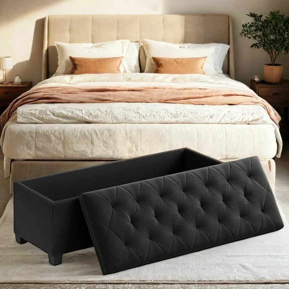 LEDREM Storage Ottoman Bench, 43" End of Bed Bench with Removable Cover, 660lb Capacity, for Living Room, Bedroom, Ink Black