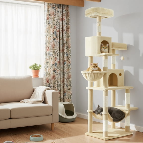 LEDREM Multi-Level Cat Tower with Hammock & Spacious Cave, 2 Observation Decks & Sisal Scratching Posts, for Indoor Cats, Beige
