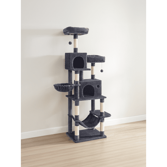 LEDREM Multi-Level Cat Tower with Hammock & Spacious Cave, 3 Observation Decks & Sisal Scratching Posts, for Indoor Cats, Dark Gray