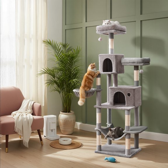 LEDREM Multi-Level Cat Tower with Hammock & Spacious Cave, 3 Observation Decks & Sisal Scratching Posts, for Indoor Cats, Light Gray