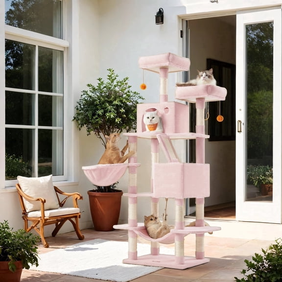 LEDREM Multi-Level Cat Tree Tower with 13 Scratching Posts, 2 Perches & Caves, Hammock, Basket & Pompoms - Plush Indoor Cat Condo, Jelly Pink