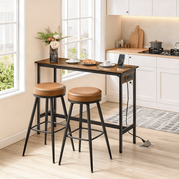 LEDREM Narrow Bar Table with Charging Station, 47.2 Inch Kitchen Dining Table with USB Ports and Metal Frame, Rustic Brown and Ink Black