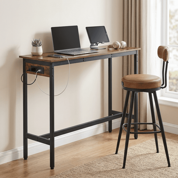 LEDREM Narrow Bar Table with Charging Station, 47.2 Inch Kitchen Dining Table with USB Ports and Metal Frame, Rustic Brown and Ink Black