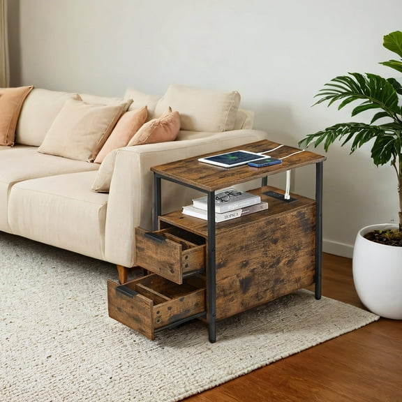 LEDREM Narrow Charging Side Table - Rustic End Table with 2 Drawers & Power Strip, Space-Saving Nightstand, Brown and Black