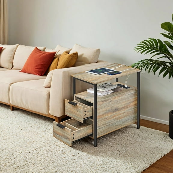 LEDREM Narrow Charging Side Table - Slim End Table with 2 Drawers & Power Strip, Oak with Blue Grains and Black