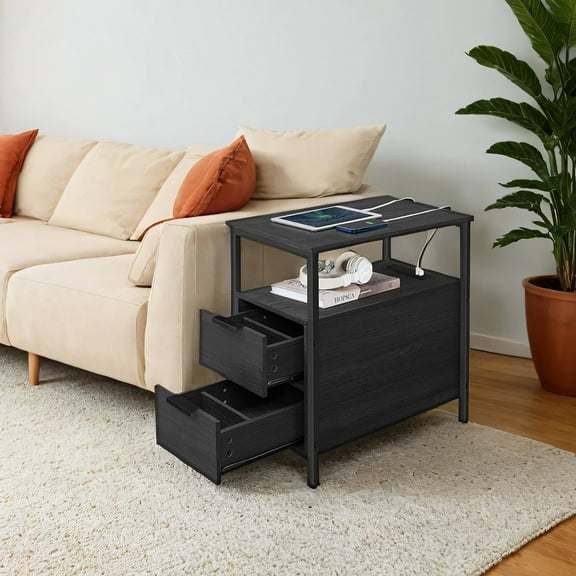 LEDREM Narrow Charging Side Table - Slim End Table with 2 Drawers & Power Strip, Space-Saving Nightstand for Small Spaces, Black