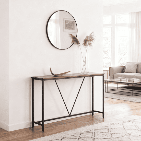 LEDREM Narrow Console Sofa Table, 47.2-Inch Entryway Table with Steel Frame for Living Room and Bedroom, Rustic Brown and Ink Black