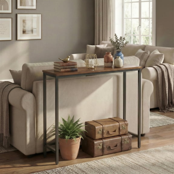 LEDREM Narrow Console Table, Thin Entryway Doorway Table with One-Piece Top, Steel Frame, Modern 1-Tier for Hallway Bedroom, Rustic Brown and Ink Black