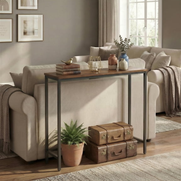 LEDREM Narrow Console Table, Thin Entryway Doorway Table with One-Piece Top, Steel Frame, Modern 1-Tier for Hallway Bedroom, Rustic Brown and Ink Black