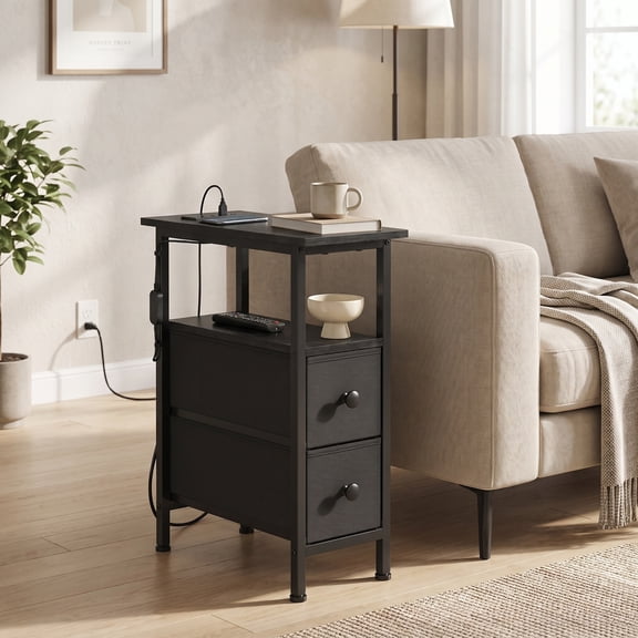 LEDREM Narrow Side Table with Charging Station and LED Lights, 2 Fabric Drawers, 8.5 x 18.1 x 23.8 Inches, Black