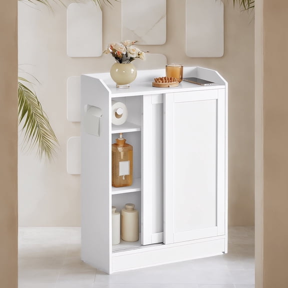 LEDREM Narrow Storage Cabinet with Sliding Doors, Adjustable Shelves, Toilet Paper Holder and Brush Compartment, Slim Floor Unit for Bathroom and Living Room, Cloud White