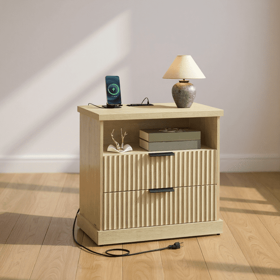 LEDREM Nightstand with Charging Station & 2 Drawers , Fluted Bedside Table with 2 AC Outlets , USB-A/C Ports , Open Shelf , for Bedroom , Oak Beige