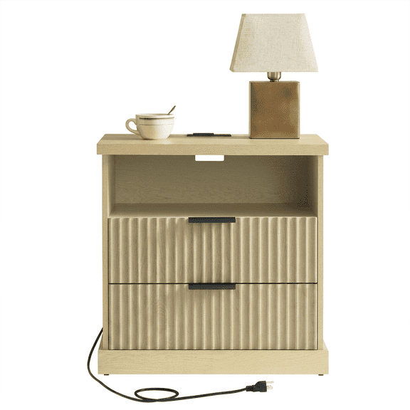 LEDREM Nightstand with Charging Station & 2 Drawers , Fluted Bedside Table with 2 AC Outlets , USB-A/C Ports , Open Shelf , for Bedroom , Oak Beige