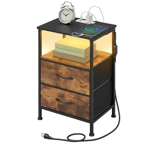 Ledrem Nightstand with Charging Station & App-Controlled LED Lights, Bed Side Table with 2 Drawers and 1 Open Shelf, Rustic Brown and Ink Black