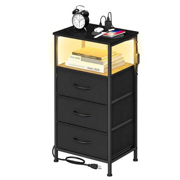 Ledrem Nightstand with Charging Station & App-Controlled LED Lights, Bed Side Table with 3 Drawers and 1 Open Shelf, Ink Black and Ebony Black