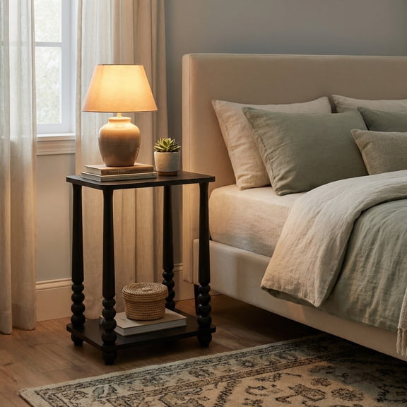 LEDREM Nightstand with Shelf, Rectangular End Table, Solid Wood Legs, Mid-Century for Bedroom or Living Room, Black