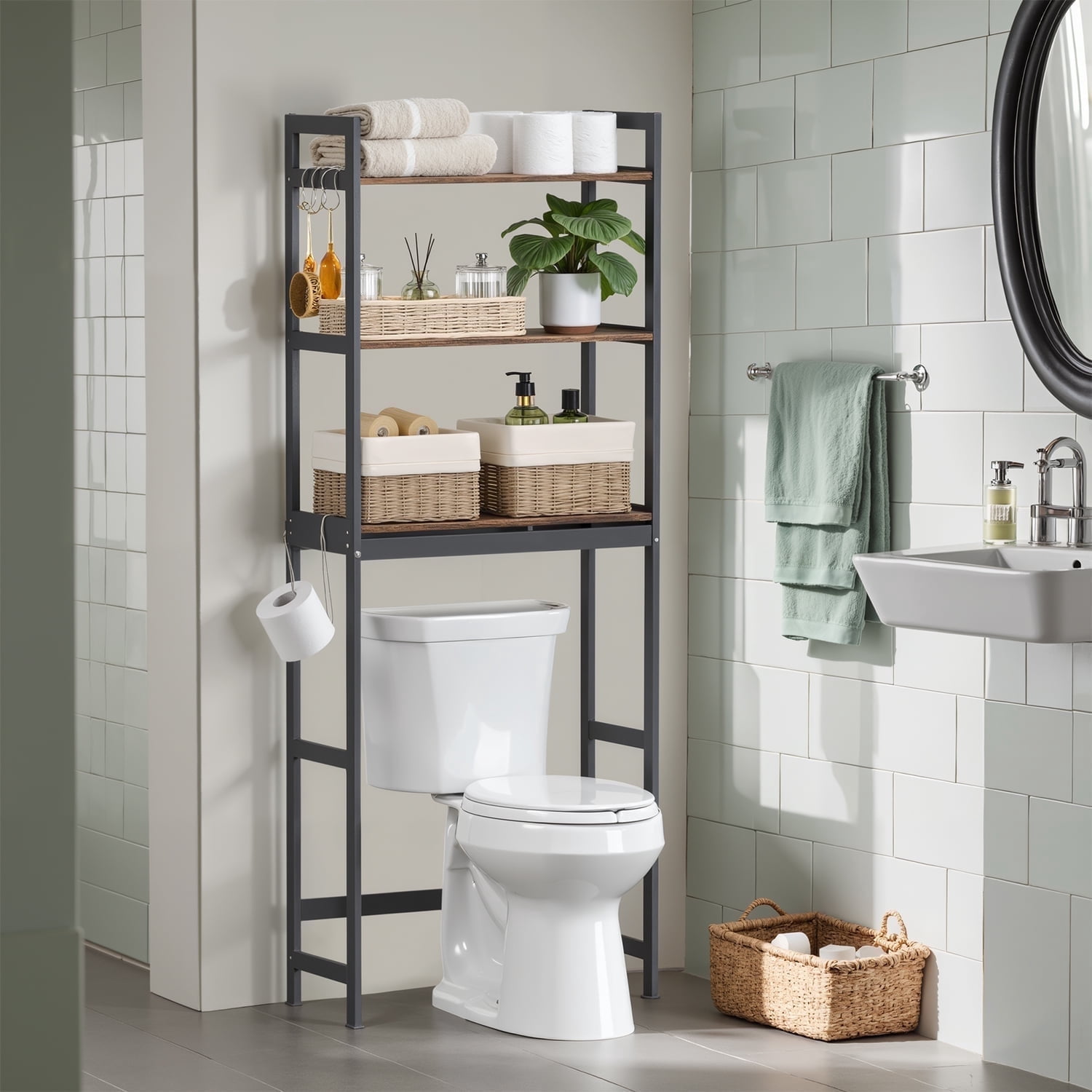 LEDREM over-the-Toilet Bathroom Storage Organizer with Adjustable 3 Shelves and Hooks,Bamboo Freestanding Space-Saving Rack with Toilet Paper Holder,Rustic Brown and Ink Black