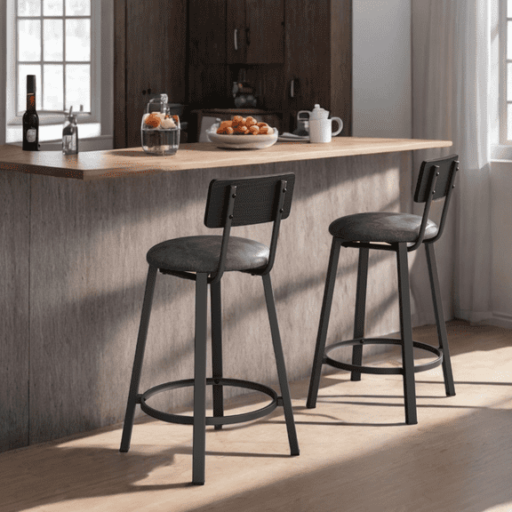 LEDREM PU Upholstered Bar Stools Set of 2 - 29.7" Kitchen Counter Stools with Backrest & Footrest, Easy Assembly, Classic Black and Forest Green