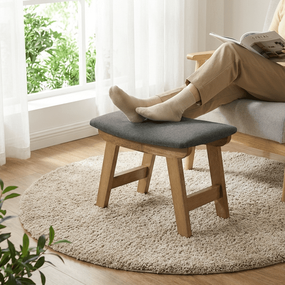 LEDREM Padded Foot Stool Ottoman with Solid Wood Frame, Curved Cushion Footrest for Under Desk, Living Room, Slate Gray and Brown