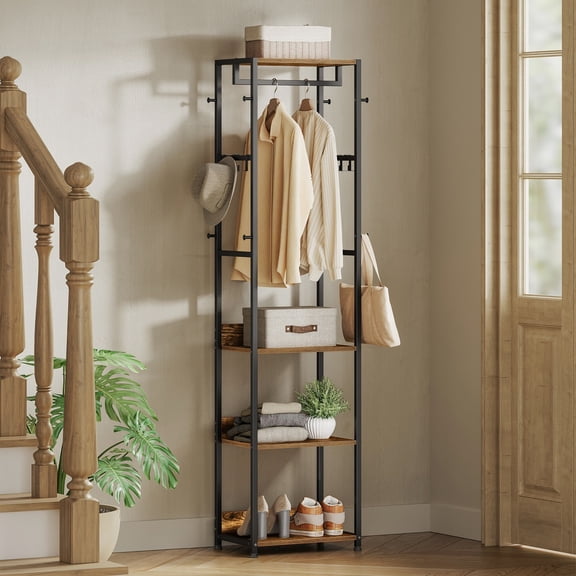 LEDREM Portable Wardrobe Closet, Industrial Clothes Rack with 4 Shelves & Hanging Rod, Freestanding Coat Stand with Hooks, Space-Saving, Ink Black and Rustic Brown