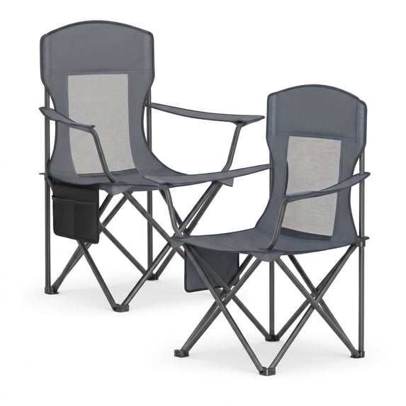 LEDREM Premium Folding Camping Chairs Set of 2 - High Back Mesh Design, Adjustable Armrests, 330lb Capacity, with Cup Holder & Storage Pocket, Slate Gray