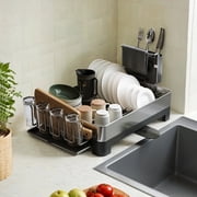 LEDREM Premium Stainless Steel Dish Rack - Adjustable Drain Spout, Fingerprint-Resistant, Holds 9 Plates & Utensils, Silver and Black