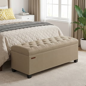 LEDREM Storage Ottoman Bench, 43" End of Bed Bench with Removable Cover, 660lb Capacity, for Living Room, Bedroom, Camel Brown