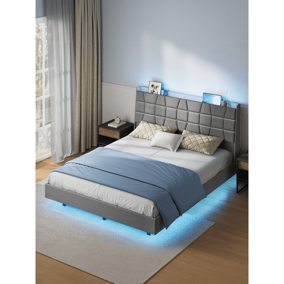 LEDREM Queen Floating Bed Frame with LED Lights, Upholstered Tufted Storage Headboard, Charging Station, Noise-Free, No Box Spring, Light Gray