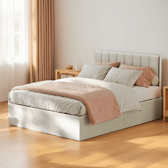 LEDREM Queen Size Hydraulic Lift-Up Storage Bed Frame with Upholstered Headboard, 12.5-Inch Underbed Space & Easy Assembly, Cappuccino Beige