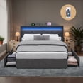 thumbnail image 1 of LEDREM Queen Size LED Platform Bed Frame, Adjustable 36.7/39.3 Inch Upholstered Headboard with 4 Drawers, 2 Charging Ports & Storage Bags, Dark Gray, 1 of 6