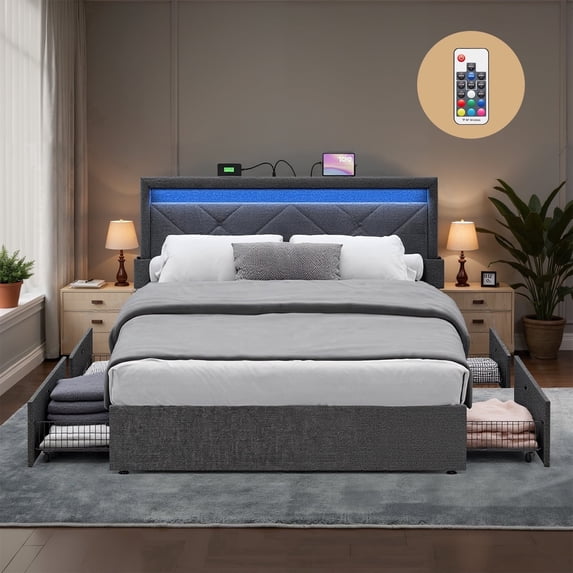 LEDREM Queen Size LED Platform Bed Frame, Adjustable 36.7/39.3 Inch Upholstered Headboard with 4 Drawers, 2 Charging Ports & Storage Bags, Dark Gray
